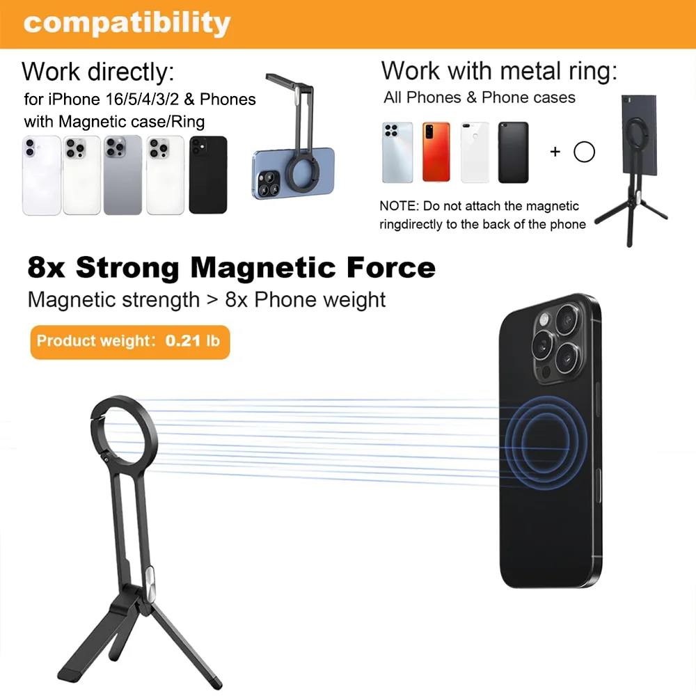 Alloy Magnetic Phone Tripod Foldable Portable Stand Carabiner-Mounted Desk Support with 3 Magnetic Rings for iPhone 14 15 Xiaomi