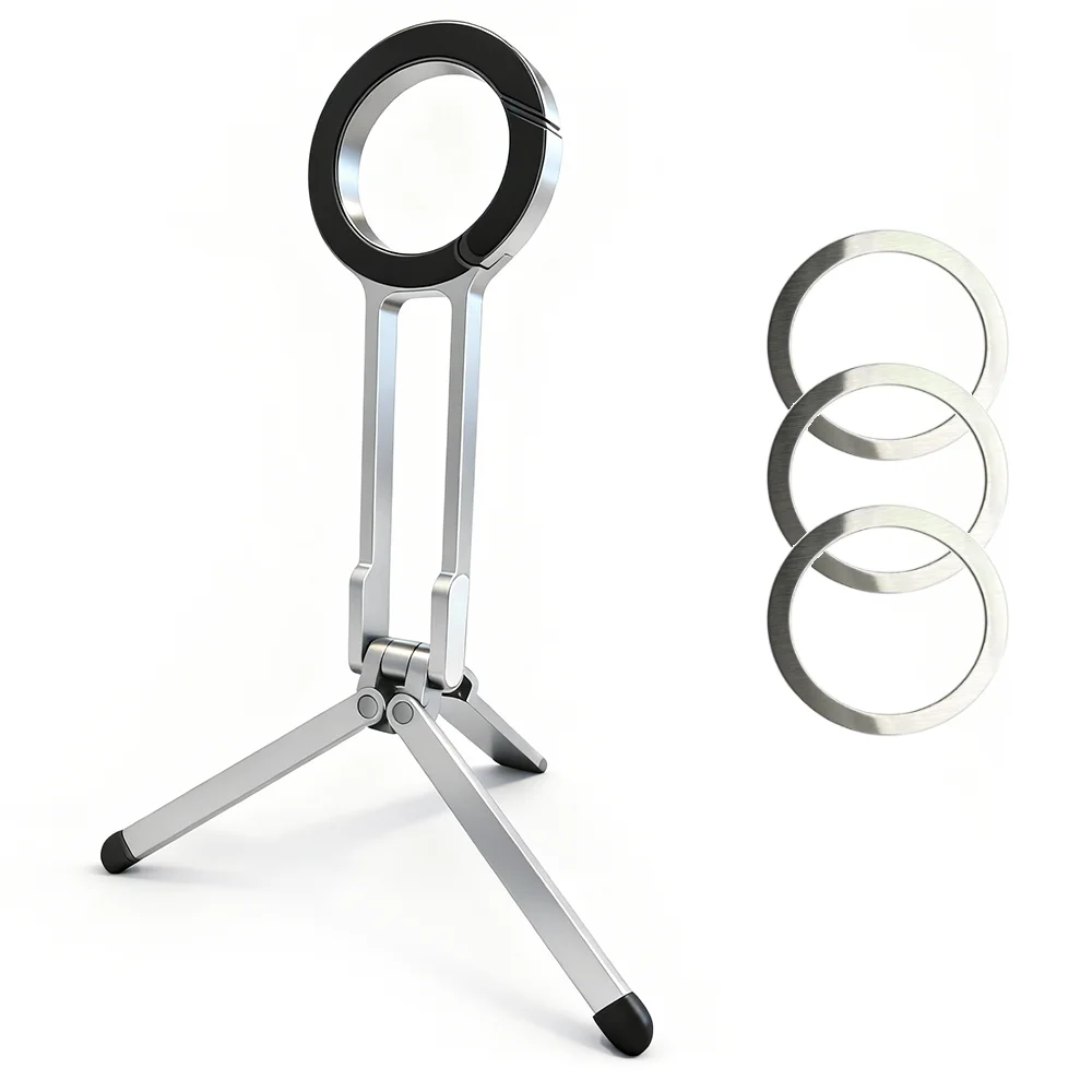 Alloy Magnetic Phone Tripod Foldable Portable Stand Carabiner-Mounted Desk Support with 3 Magnetic Rings for iPhone 14 15 Xiaomi