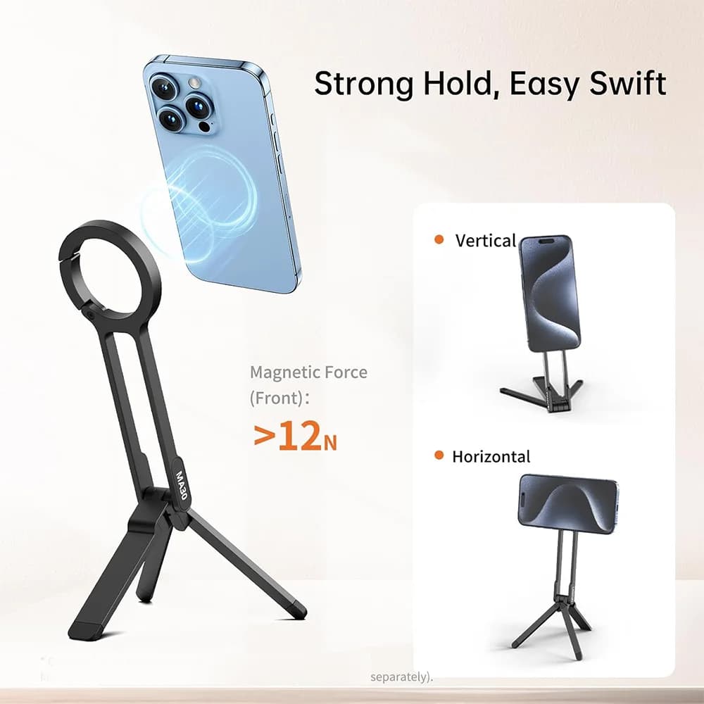 Alloy Magnetic Phone Tripod Foldable Portable Stand Carabiner-Mounted Desk Support with 3 Magnetic Rings for iPhone 14 15 Xiaomi