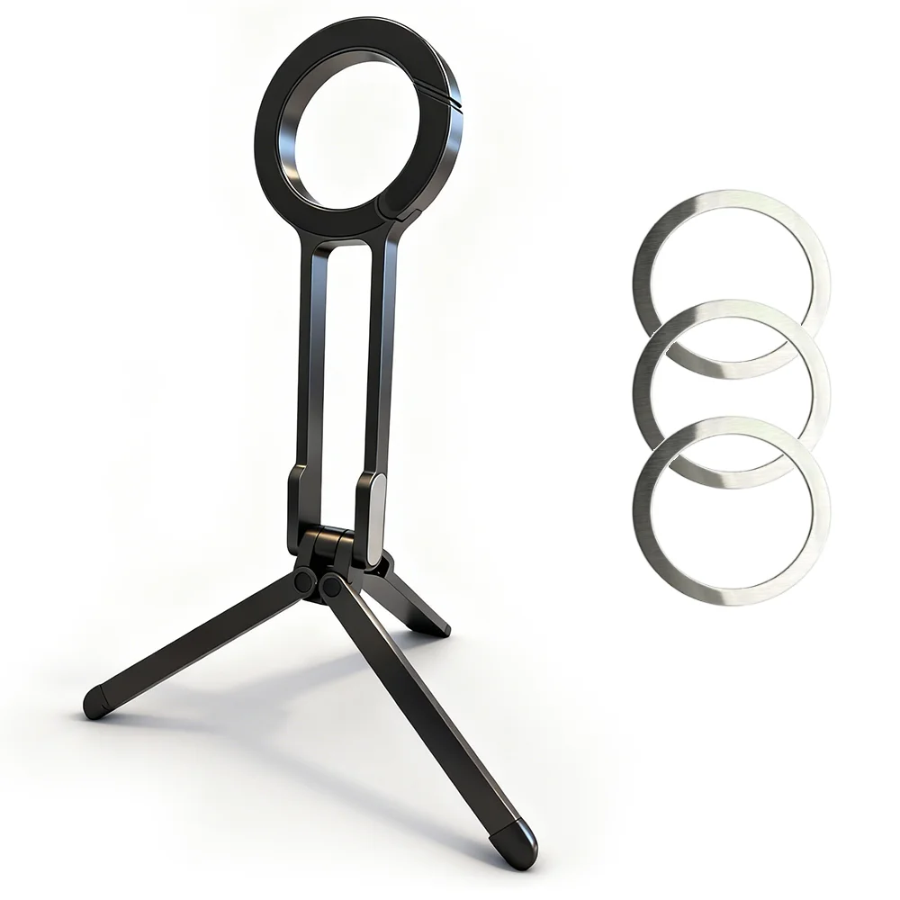 Alloy Magnetic Phone Tripod Foldable Portable Stand Carabiner-Mounted Desk Support with 3 Magnetic Rings for iPhone 14 15 Xiaomi