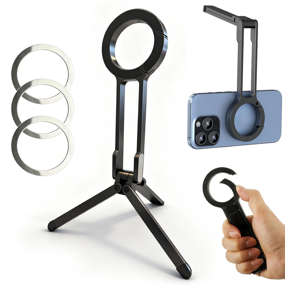 Alloy Magnetic Phone Tripod Foldable Portable Stand Carabiner-Mounted Desk Support with 3 Magnetic Rings for iPhone 14 15 Xiaomi